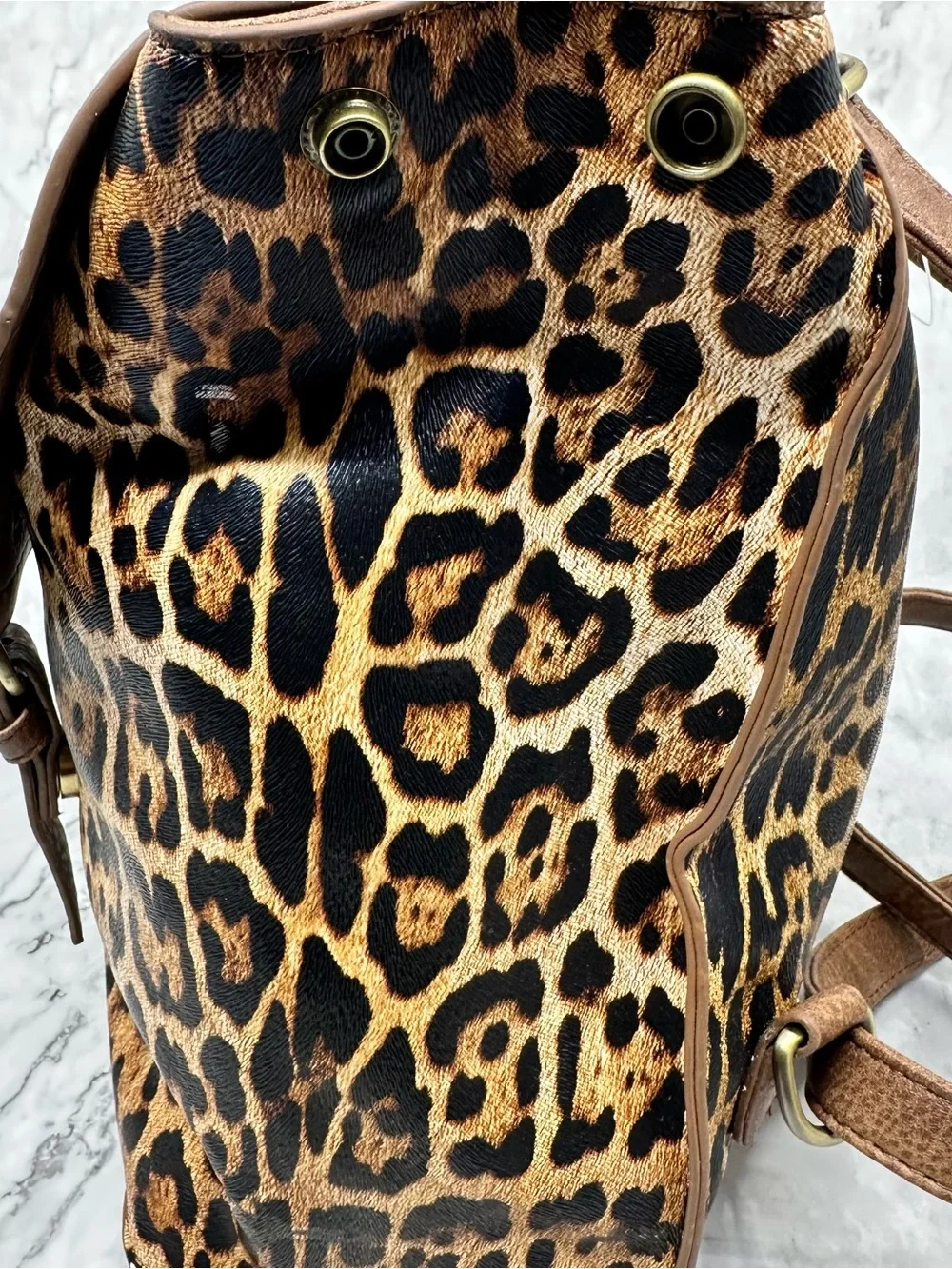 Brown Leopard Print Mini Backpack with Monogram Accent